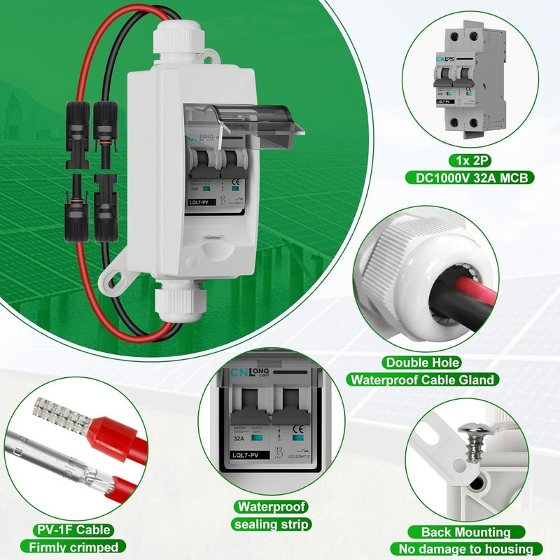 CNLonQcom مفتاح فصل الطاقة الشمسية 32A DC1000V قاطع الدائرة 2P مع موصل PV وصندوق قاطع صغير IP65 وخطافات حائط لنظام الطاقة الشمسية الخارجي، البطارية، MCB مجموعة الطاقة الشمسية - Image 3